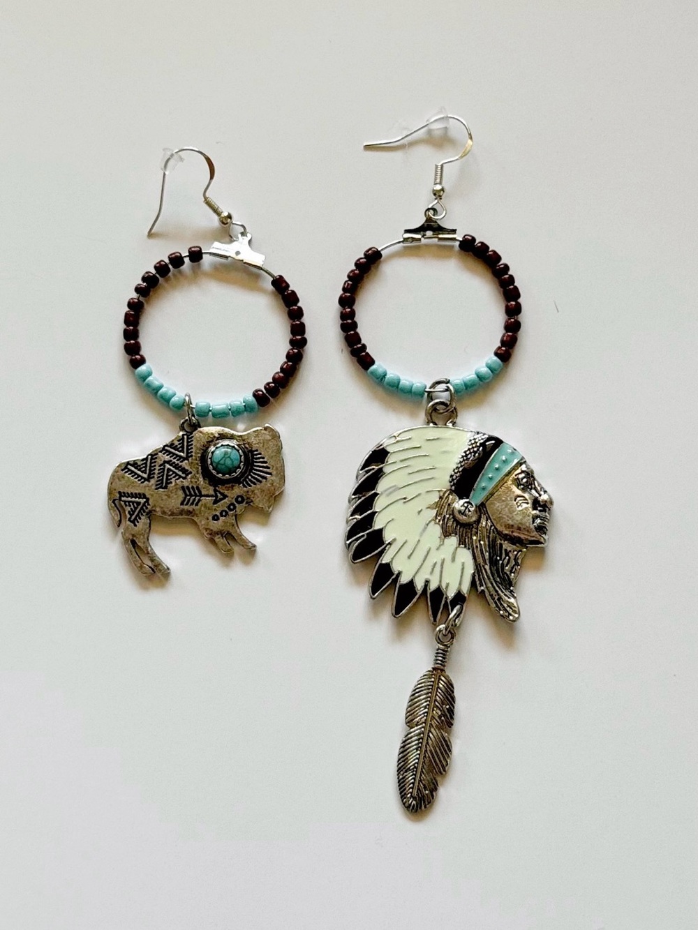 Turquoise Accent Buffalo & Headdress Asymmetrical Hoop Earrings - Unbranded